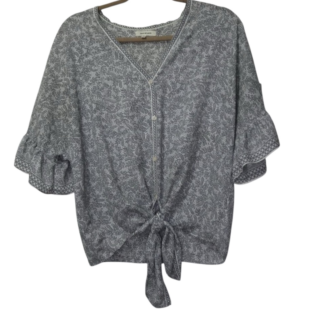 MAX STUDIO White & Black Patterned Tie-Front Blouse Bell Sleeves Size M